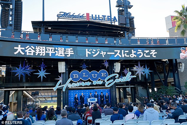 The Dodgers welcomed Ohtani to the team with a stage setup at Dodger Stadium in LA