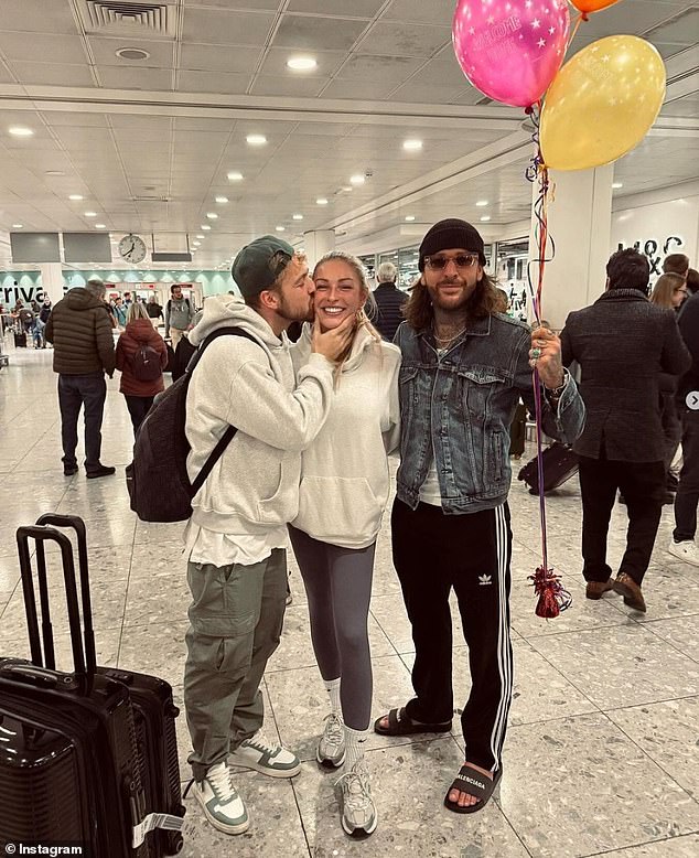 Zara greeted Sam at the airport with a bundle of balloons as they shared a warm embrace after being apart for the past few weeks