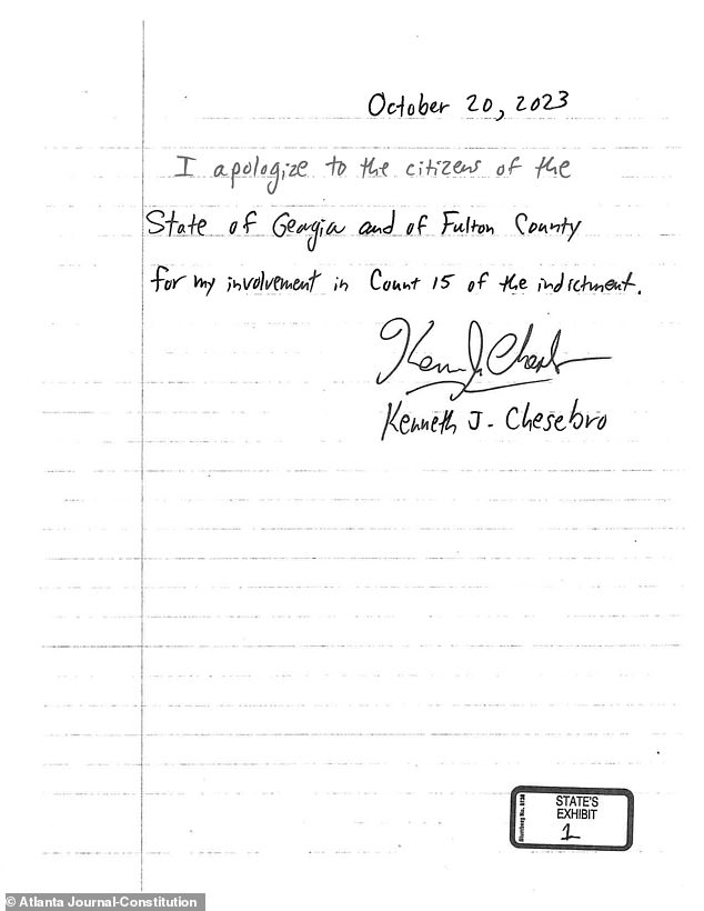 Chesebro's letter was as brief as Powell's, and also handwritten on the day he entered his guilty plea