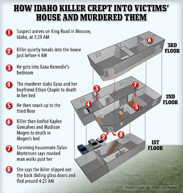 The way the killer navigated the three-storey house in the early hours of a November morning to kill the four students - who slept in separate rooms and floors - has raised questions about his motives.