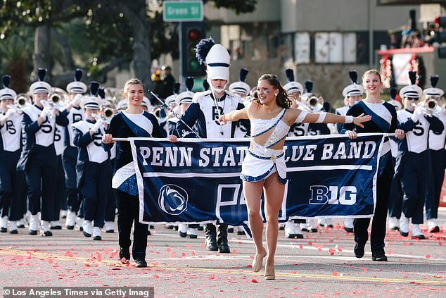 The Penn State Blue Band performs during the Tournament of Roses Parade on Orange Grove Boulevard in January 2023