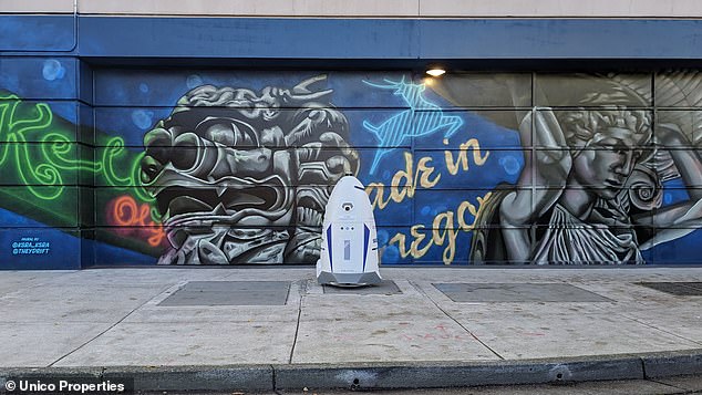 The autonomous device named Rob is 6 feet tall, weighs 420 pounds and patrols the perimeter of the parking garage next to the downtown building 24/7.