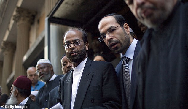 The site has a rocky history dating back to when it was first acquired by El-Gamal in 2009, who was given permission to build a mosque despite intense backlash.  Pictured: Leaders of several Muslim organizations during a press conference in front of the proposed mosque site near Ground Zero on September 20, 2010