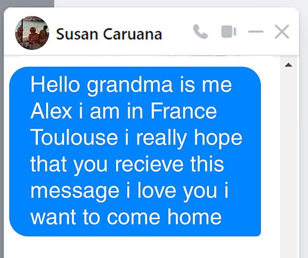 Alex said he had been trekking through the French Pyrenees for four days before Fabien saw him - and one of the first things Alex did was message his grandmother from the student's phone to say he loves her and wants to go home come