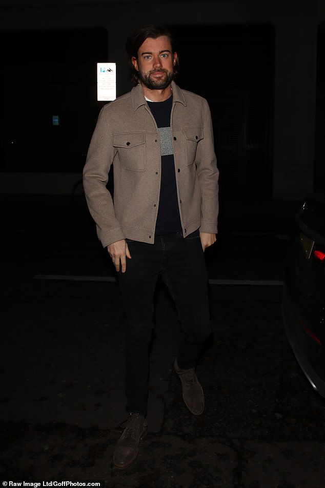 Comedian and actor Jack opted for a more casual fit as he arrived to the shoot in faded black jeans, a blue T-shirt and a tan tailored wool jacket