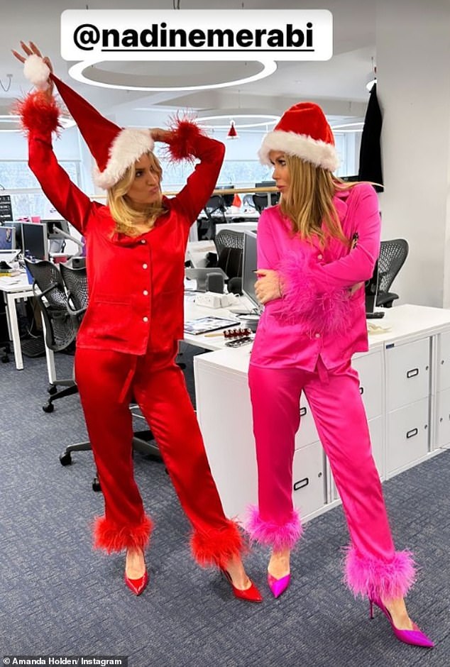 Looking glamorous, both Amanda and Ashley added a pop of color as they stunned in their stylish button-up pajamas and high heels