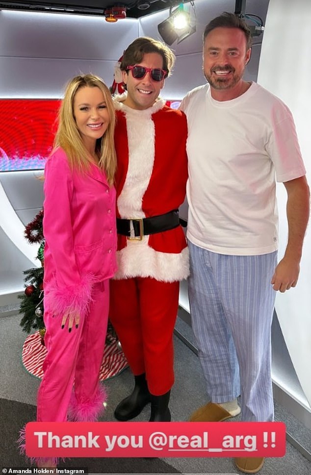 While the women went all out for the theme day, fellow presenter Jamie Theakston kept it simple in a white T-shirt and classic blue-striped pajama bottoms.