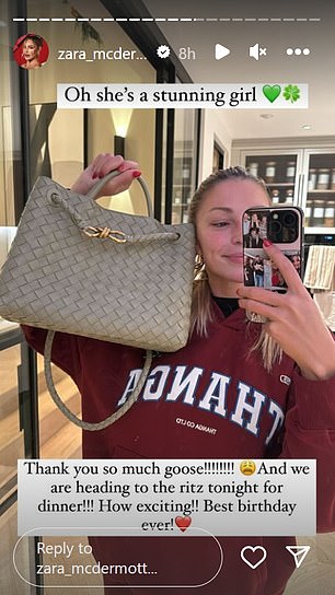 Ahead of the luxury night out, Zara revealed on her Instagram Stories that Sam had gifted her with a lavish Bottega Veneta bag, which costs between £1,880 and £5,550.