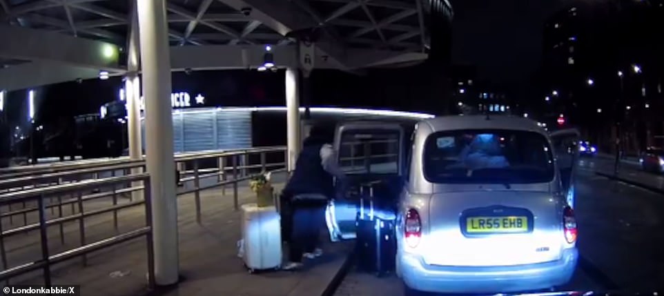 The couple then begins to bundle their luggage into the taxi after opening the back door