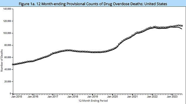 The graph above shows the estimated number of overdose deaths due to opioids over a twelve-month period