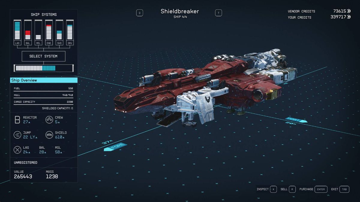 A menu shows the design and stats of the Shieldbreaker, one of the best ships in Starfield.