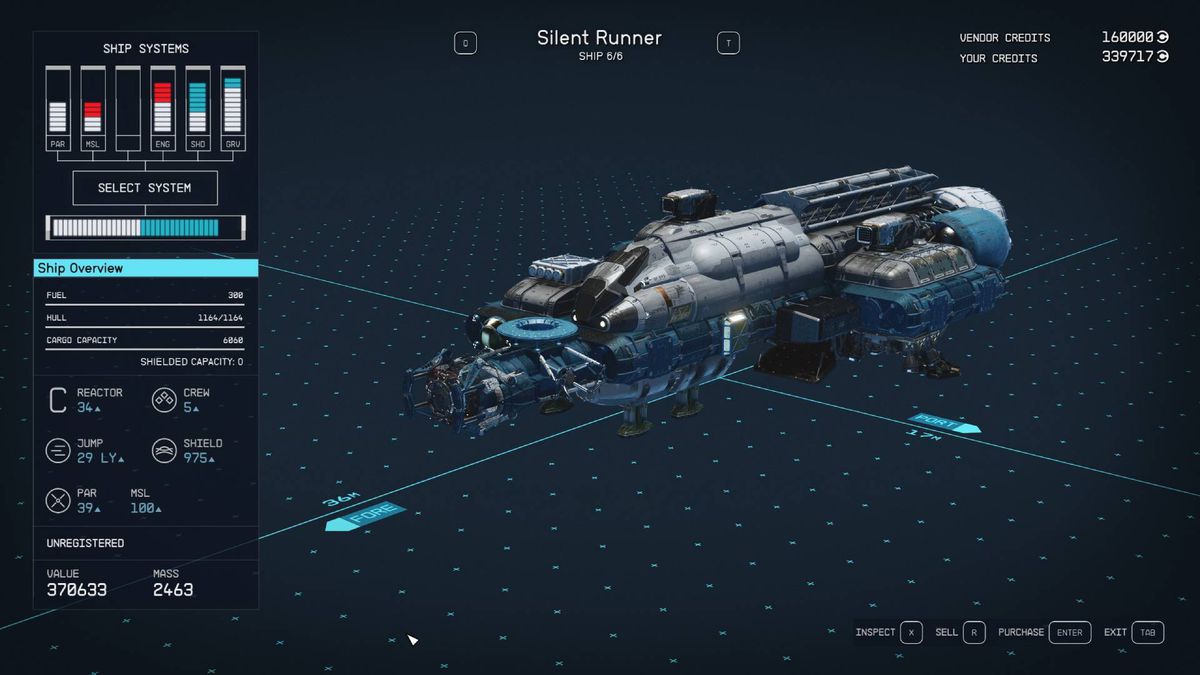 A menu shows the statistics and design of the Silent Runner, one of the best ships in Starfield.