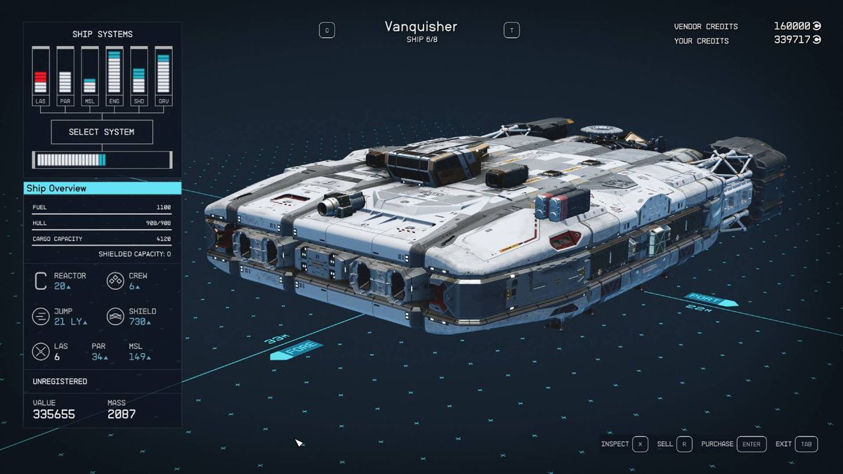 A menu shows the statistics and design of the Vanquisher, one of the best ships in Starfield.