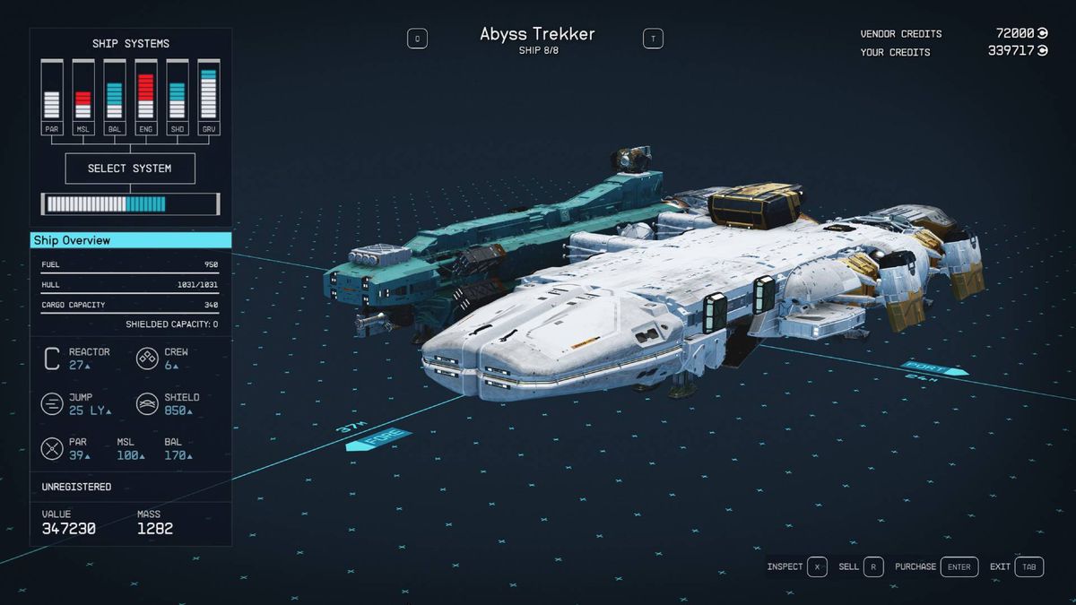 A menu shows the design and statistics of the Abyss Trekker, one of the best ships in Starfield.