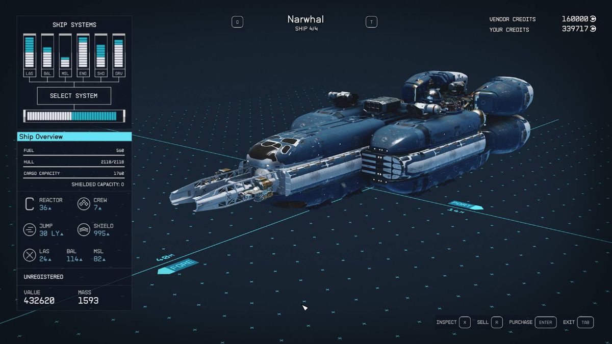 A menu shows the statistics and design of the Narwhal, one of the best ships in Starfield.