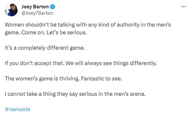 Barton began his argument last week, emphasizing that women in the men's game should not speak to any authority