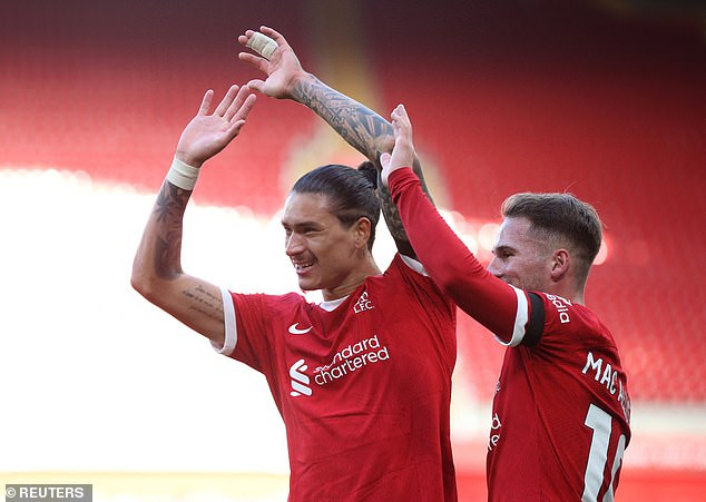 The highly rated shot-stopper also spoke about his friendship with Liverpool's other South Americans, such as Uruguayan Darwin Nunez (left) and Argentine Alexis Mac Allister (right).