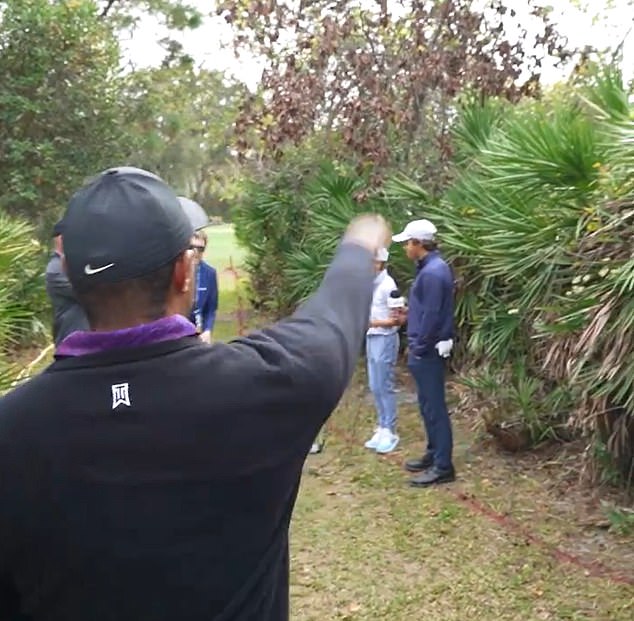 Tiger, the 15-time major winner, throws a chicken tender to his son during the Pro-Am event