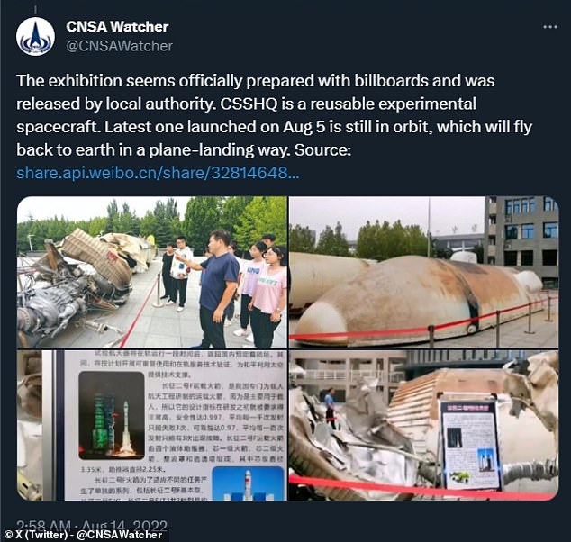 The closest media outlets have come to seeing China's secret spacecraft, dubbed the China Reusable Experimental Spacecraft, or CSSHQ, has likely come from footage of an exhibition at a middle school in China in 2022 — first posted on Chinese social media site Sina Weibo. , then X (up)