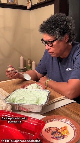 Tara Candelario, 34, was inspired to make a large bowl of Watergate Salad for her in-laws and film their hilarious reactions to the bizarre side