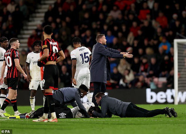 Luton manager Rob Edwards rushed onto the pitch as Lockyer was receiving treatment