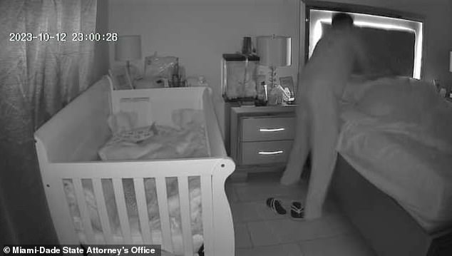 Crime scene photos show Rosa standing over his mother's bed at 11pm before he allegedly fatally stabbed her.  His newborn sister's cradle is next to her bed