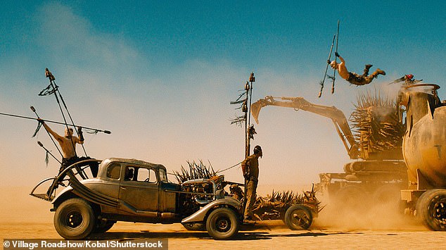 The harrowing event took place on Lakeshore Avenue in Oakland, California – a city often compared to a hellscape in the Mad Max film series (pictured), where gangs roam in groups of vehicles in search of fuel.