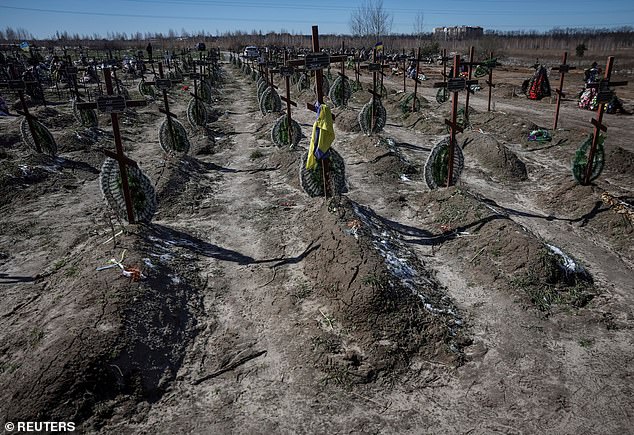 Graves of unknown people killed by Russian soldiers during the occupation of the city of Bucha are seen in the city's cemetery, March 30, 2023