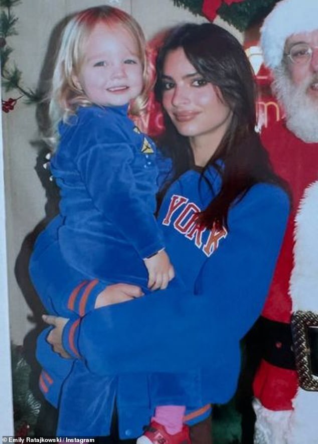 Sylvester – Emily's only child – matched his mother in blue and red for the Christmas event at Pier 15 in New York