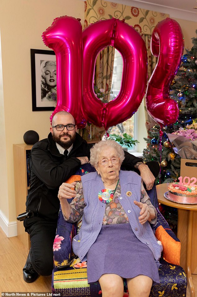 Monica Ruddick and the stripper.  Her two birthday wishes included a visit to her local church before she let her hair down by welcoming a strippergram who performed a raunchy dance.