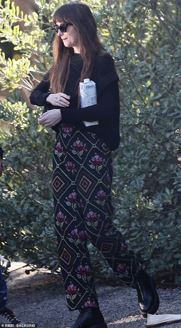 The 34-year-old actress was spotted leaving the residence, which is hidden in the greenery of the region, looking stylish in black embroidered trousers with flowers