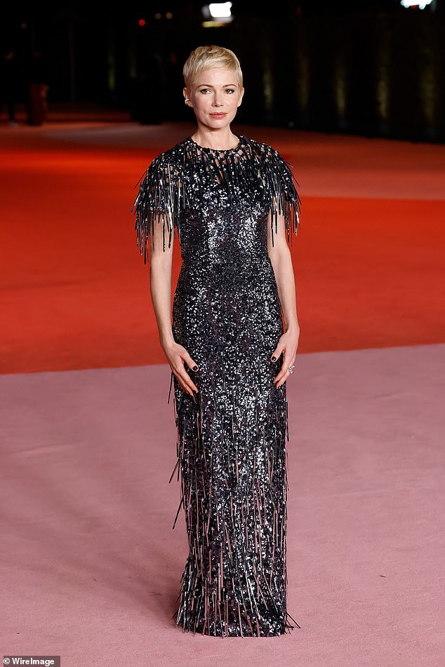 Michelle Williams wore a silver sequin dress to the Academy Museum Gala earlier this month