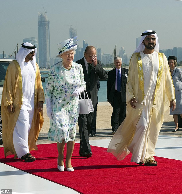 The Sheik was reportedly a close friend of the late Queen Elizabeth II (pictured next to the Queen and Prince Philip in 2020)