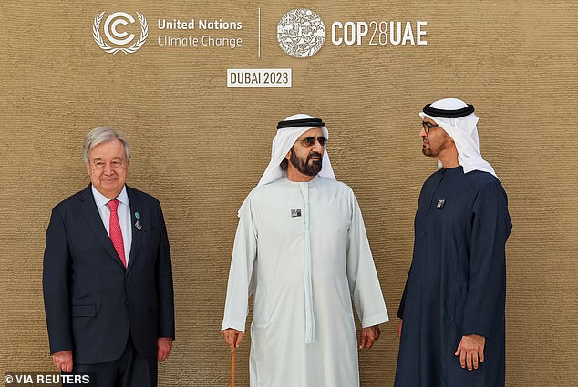 Sheikh Mohammed (center) with UN Secretary General Antonio Guterres (left) and Sheikh Mohamed bin Zayed Al Nahyan, President of the United Arab Emirates, at COP28 in Dubai