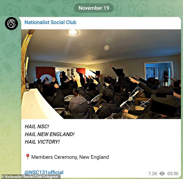 Photos shared by the group on their Telegram channel show members giving the Nazi salute during a 'Membership Ceremony'