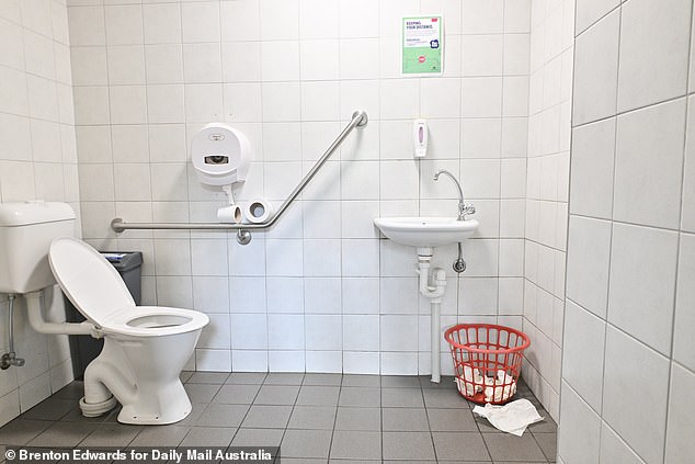 Workers at the plaza told Daily Mail Australia the couple were in the lockable toilet (pictured) when they were reportedly treating Aydin's wounds.
