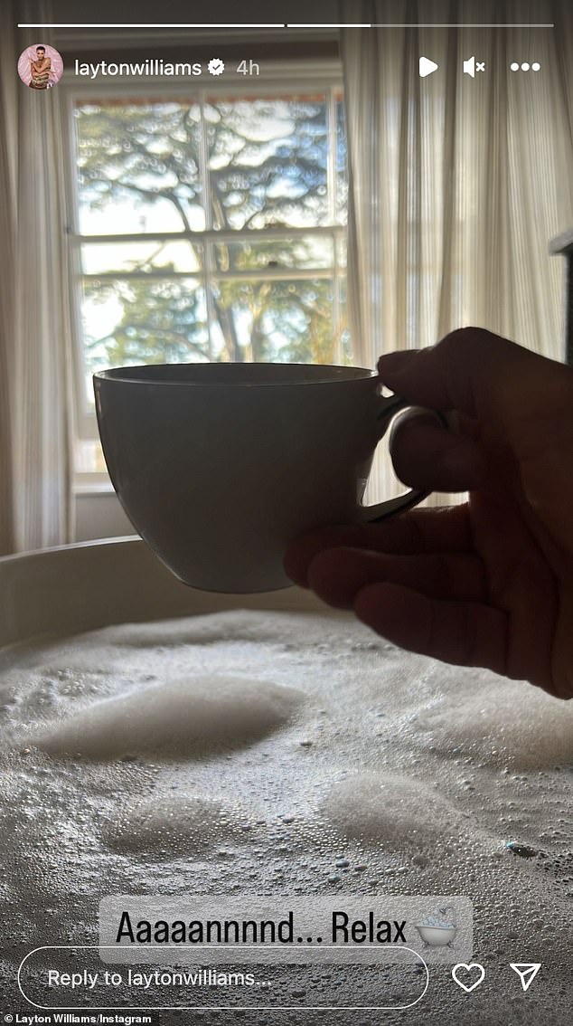 He then also took a photo from his hot tub, holding up a cup of tea as he wrote: 'Aaaaannnd... Relax'