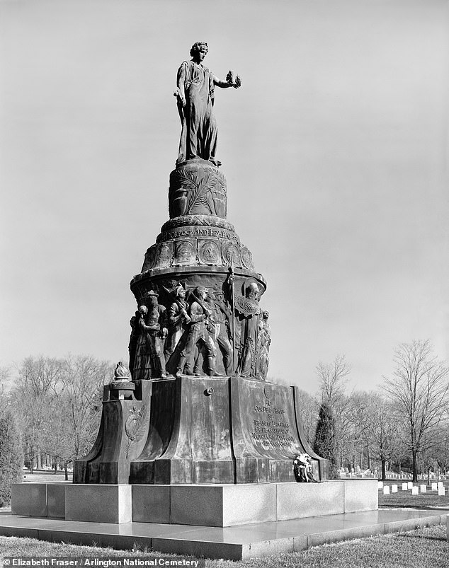 According to Arlington, the woman is holding a laurel wreath, a plowstick and a pruning knife, with a Biblical inscription at her feet that says, 