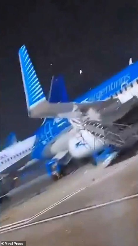 The plane crashed on the stairs.  Strong gusts of wind hit Buenos Aires' Aeroparque Jorge Newbery airport on Sunday, as a severe storm gripped the region