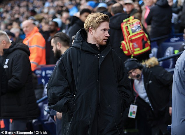 De Bruyne, currently sidelined due to a thigh injury, pictured during City's match on Saturday