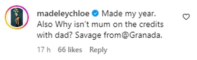 Eagle-eyed Chloe Madeley, whose parents Richard and Judy were hosting the show at the time, wrote: 'Made my year.  And why isn't Mom in the credits with Dad?  Savage from @Granada'