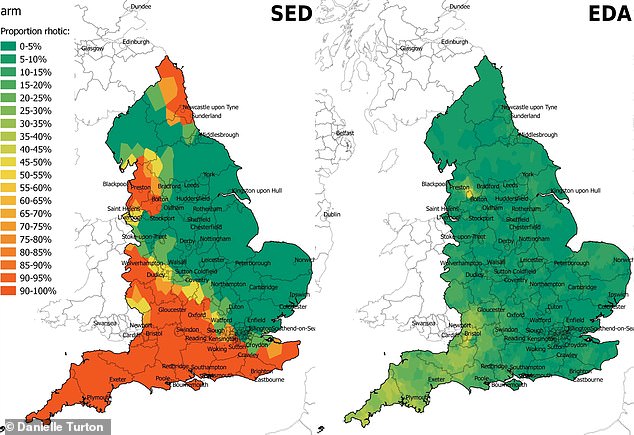 Research has found that dialects containing a hard R declined between 1962 (left) and 2016 (right).  On this map, the red areas show areas where the accent is most common
