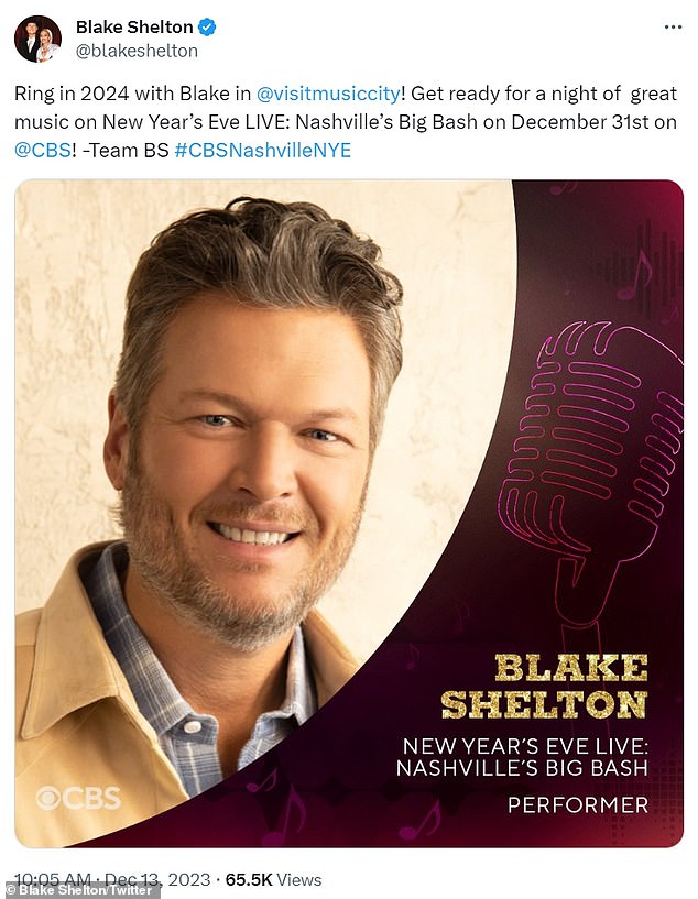 Blake will perform on December 31 at the WinStar World Casino in Thackerville, OK - which will air on CBS for New Year's Eve Live: Nashville's Big Bash (sponsored by Jack Daniel's)