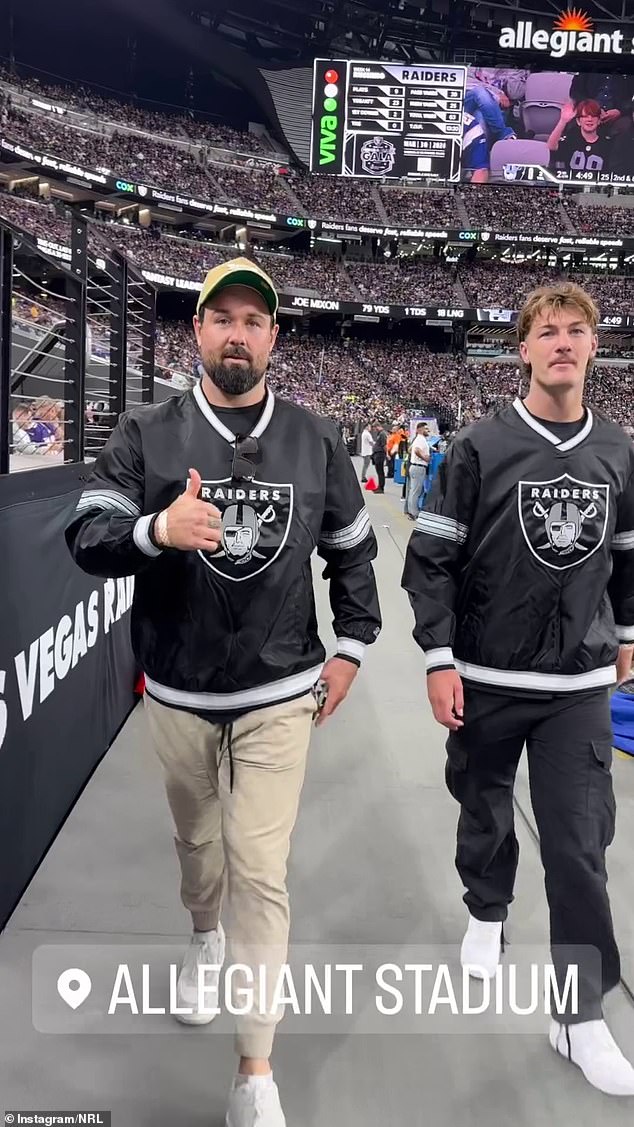 Male player Aaron Woods and Souths star Campbell Graham dress in Las Vegas Raiders supporter gear during their trip to the US