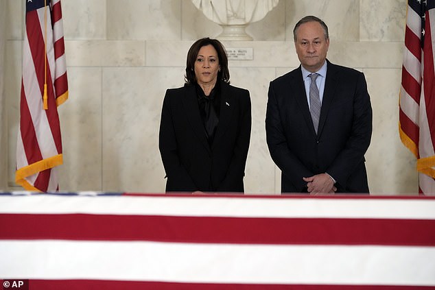 Vice President Kamala Harris and Second Gentleman Doug Emhoff pay their respects at O'Connor's casket at the Supreme Court Building in Washington, D.C. on Monday