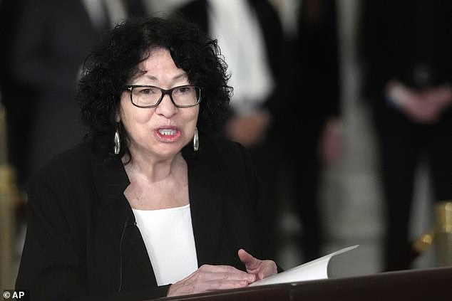 Liberal Justice Sonia Sotomayor speaks during a private service for O'Connor in the Supreme Court's Great Hall on Monday before opening viewings to the public