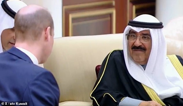 Prince William spoke to Sheikh Meshal Al-Ahmad Al-Sabah – the new Emir – at Kuwait International Airport, where a painting of the late Sheikh Nawaf hangs