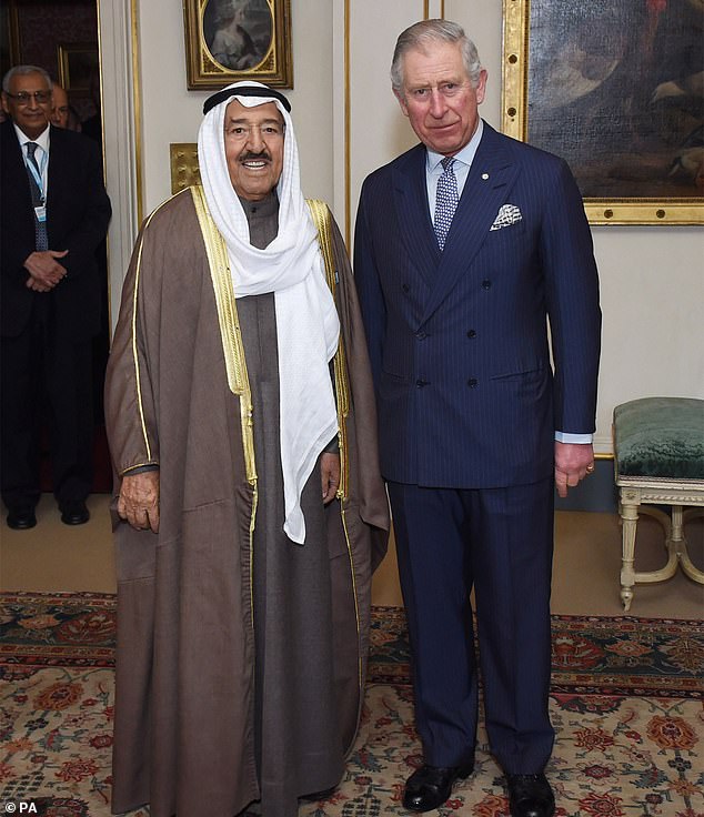 In 2020, King Charles – then the Prince of Wales – traveled to Kuwait to offer his condolences following the death of Sheikh Sabah Al Ahmad Al Sabah.  Pictured: Charles with Sheikh Sabah at Clarence House in 2016