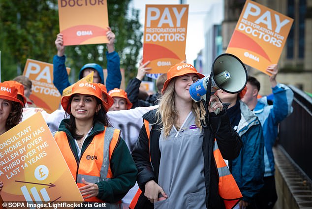 Thousands of trainee doctors will leave their posts for three days before Christmas, starting on December 20.  A further six days of action are planned from January 2 – the longest in the 75-year history of healthcare.  ' basis for both periods of industrial action, meaning that emergency aid will continue to be provided.  Pictured are BMA members outside the Conservative Party Conference in October