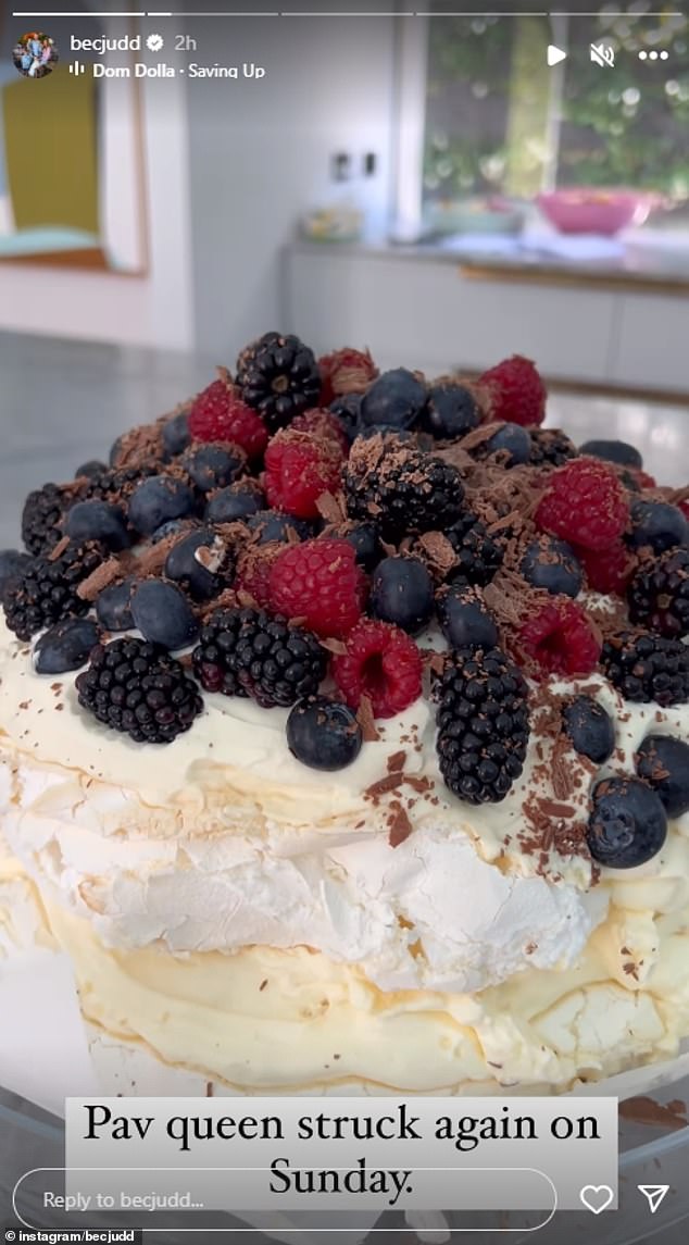 Bec also shared a short video of the dessert sitting on her kitchen bench and joked that she made it herself: 'Pav Queen struck again on Sunday